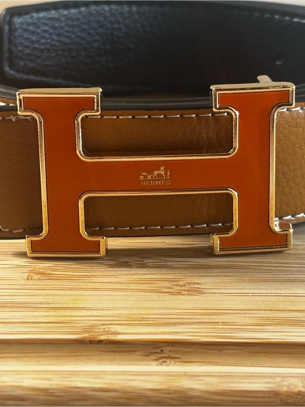 Men’s Tan Leather Belt with Orange 'H' Buckle